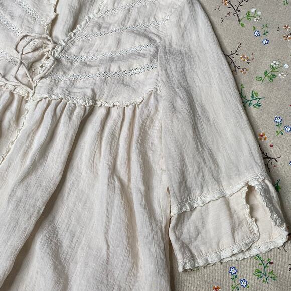 Rutzou Lace Tie Front Blouse Cream Beige Medium Cardigan Ruffle Dainty Cottage - Picture 4 of 8